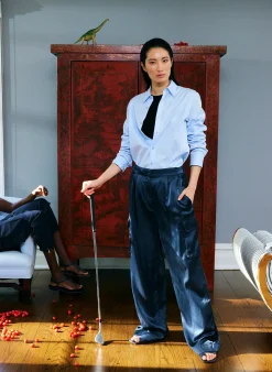 Sale Tibi Shiny Nylon Pleated Stella Cargo Pant Navy