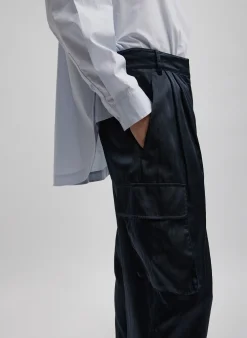 Sale Tibi Shiny Nylon Pleated Stella Cargo Pant Navy