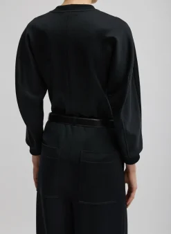 New Tibi Silk Terry Sculpted Sleeve Slim Sweatshirt Black
