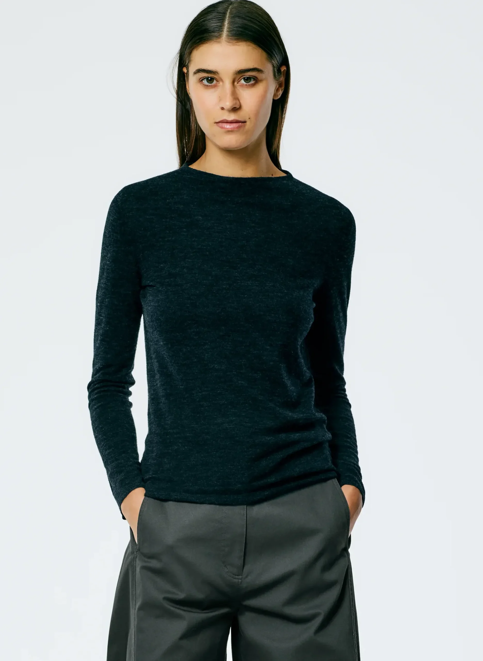Discount Tibi Skinlike Mercerized Wool Soft Sheer Pullover Charcoal