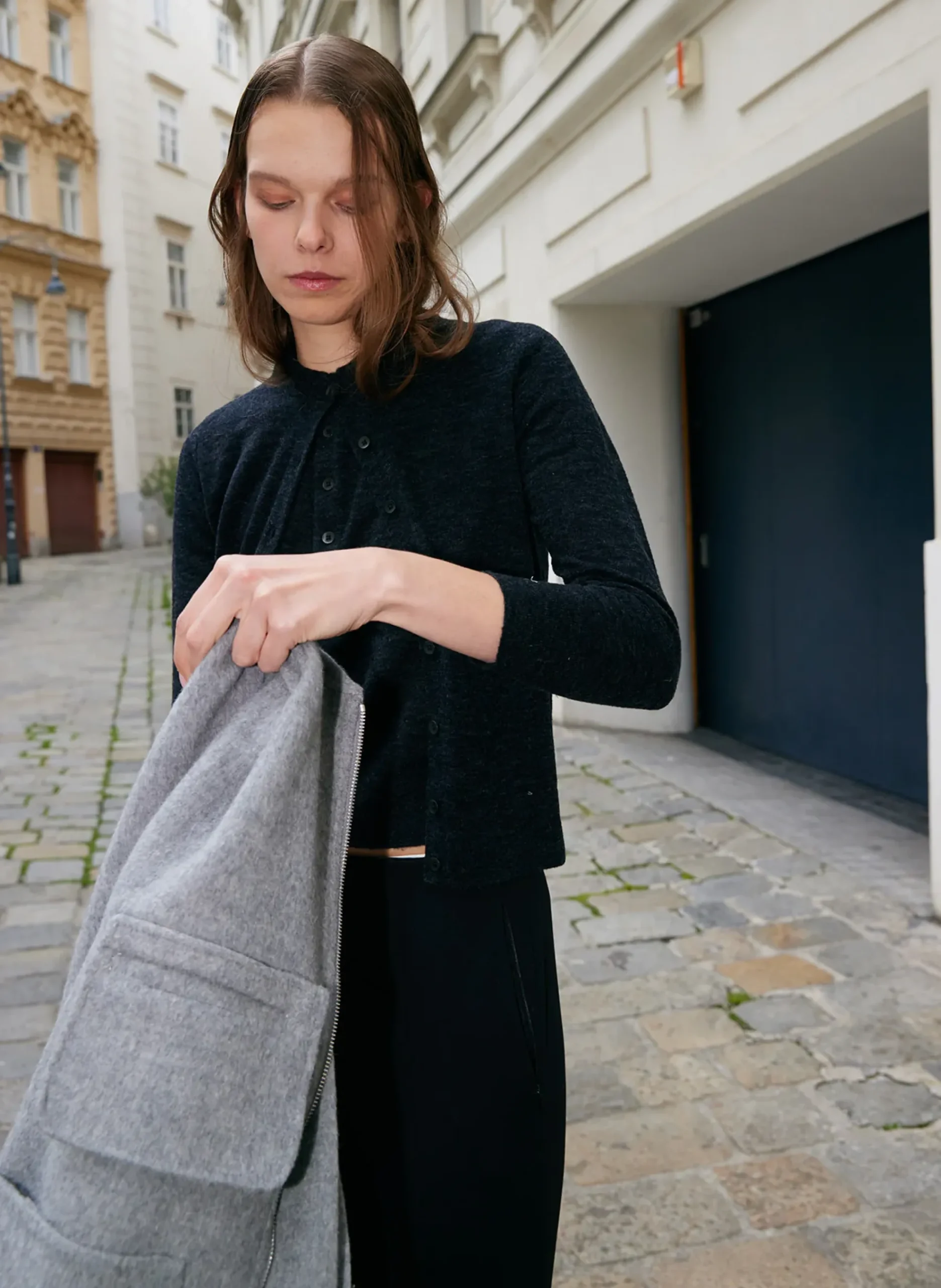 New Tibi Skinlike Mercerized Wool Shrunken Cardigan Charcoal