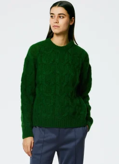 New Tibi Soft Mohair Cable Crewneck Easy Pullover Grass