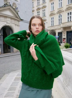 New Tibi Soft Mohair Cable Crewneck Easy Pullover Grass