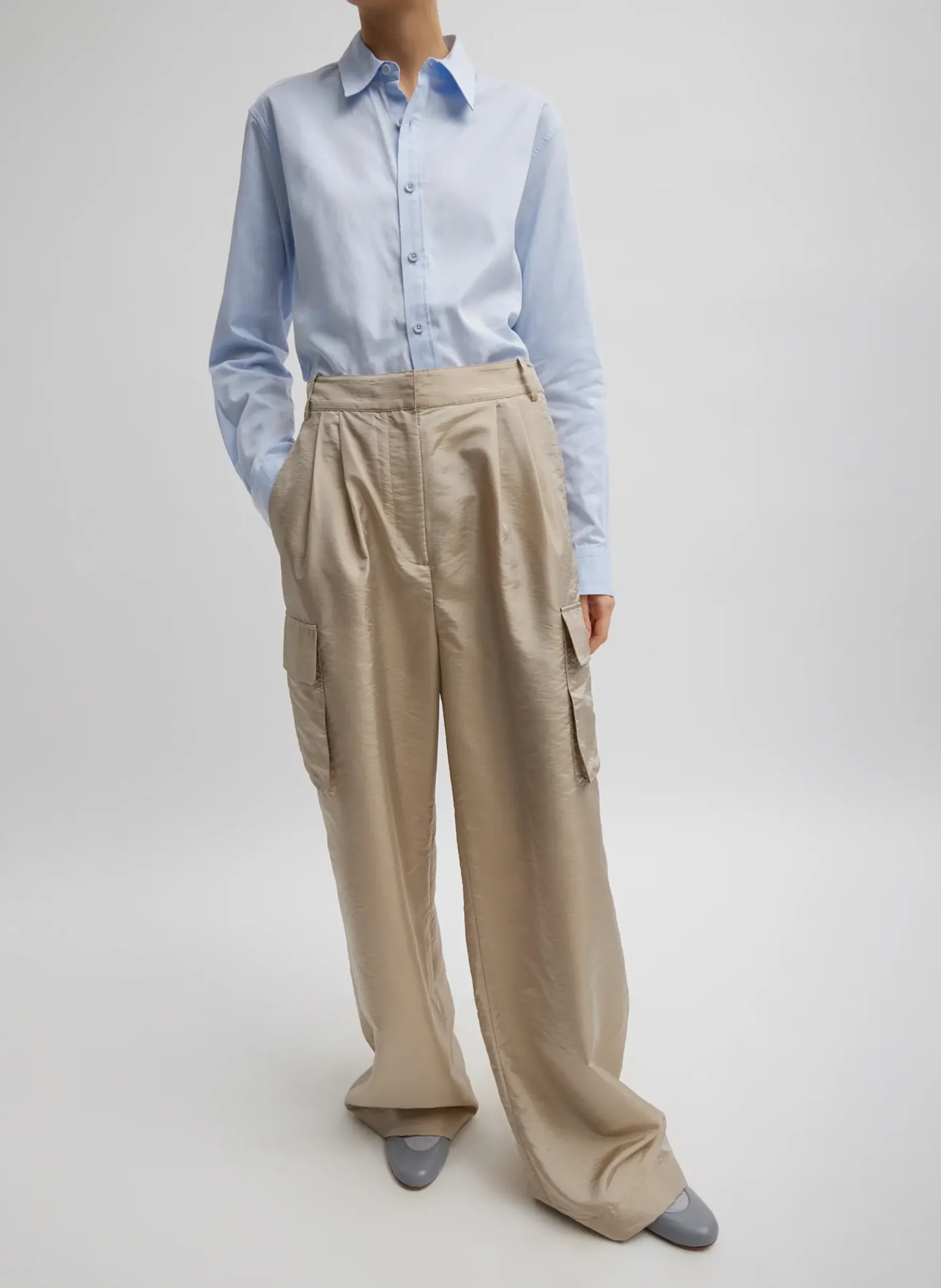 New Tibi Stella Crispy Nylon Pleated Cargo Pant Desert Sand