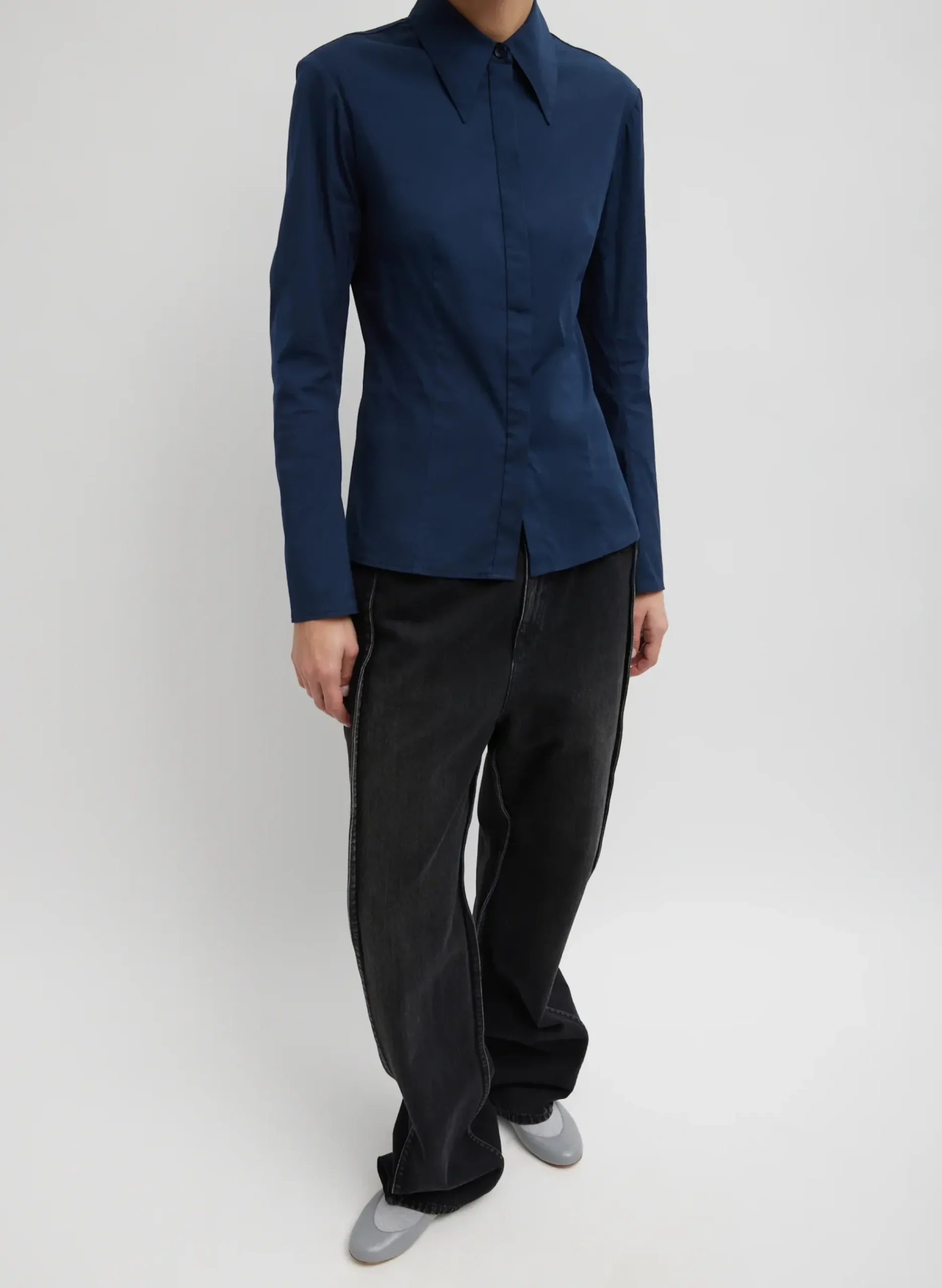 Sale Tibi Stretch Cotton Nylon Circular Sleeve Shirt Navy Blue