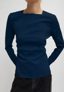 New Tibi Stretch Cotton Nylon Square Neck Slim Circular Sleeve Top Navy Blue