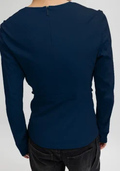 New Tibi Stretch Cotton Nylon Square Neck Slim Circular Sleeve Top Navy Blue