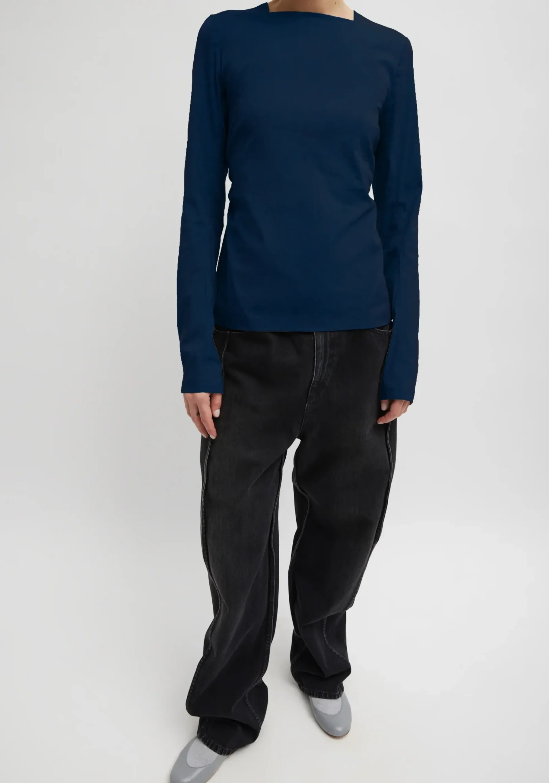 New Tibi Stretch Cotton Nylon Square Neck Slim Circular Sleeve Top Navy Blue