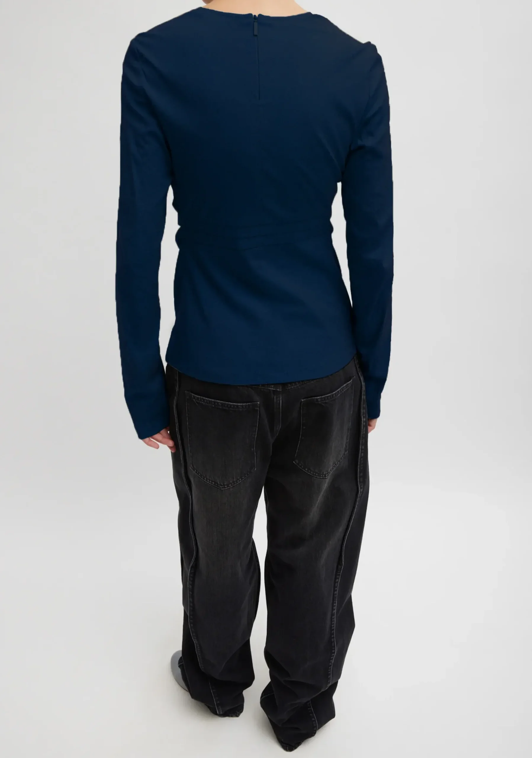 New Tibi Stretch Cotton Nylon Square Neck Slim Circular Sleeve Top Navy Blue