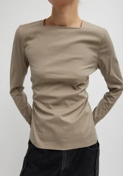 Hot Tibi Stretch Cotton Nylon Square Neck Slim Circular Sleeve Top Mink Grey