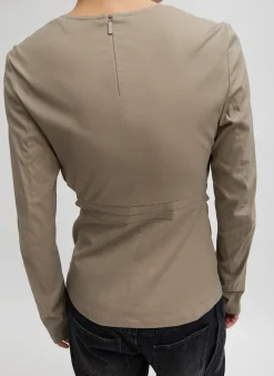 Hot Tibi Stretch Cotton Nylon Square Neck Slim Circular Sleeve Top Mink Grey