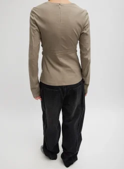 Hot Tibi Stretch Cotton Nylon Square Neck Slim Circular Sleeve Top Mink Grey