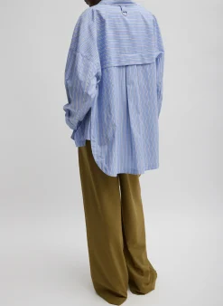 New Tibi Striped Shirting Gabe Oversized Shirt Blue Multi