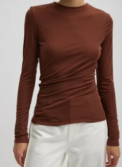 Clearance Tibi Tencel Knit Twisted Seam Long Sleeve T-Shirt Brown