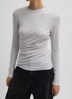 Tibi Tencel Knit Twisted Seam Long Sleeve T-Shirt Pearl Grey