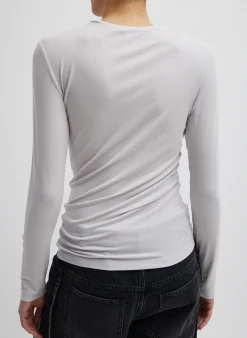 Tibi Tencel Knit Twisted Seam Long Sleeve T-Shirt Pearl Grey