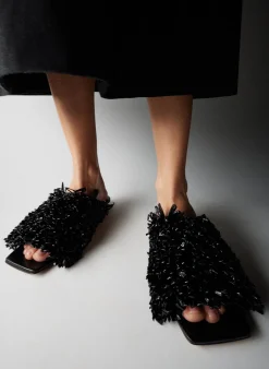 Outlet Tibi Woodward Raffia Flat Black